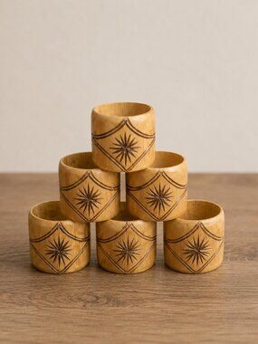 Vintage Hand Carved Bamboo Wood Napkin Rings Set of 6 Boho Tropical Decor